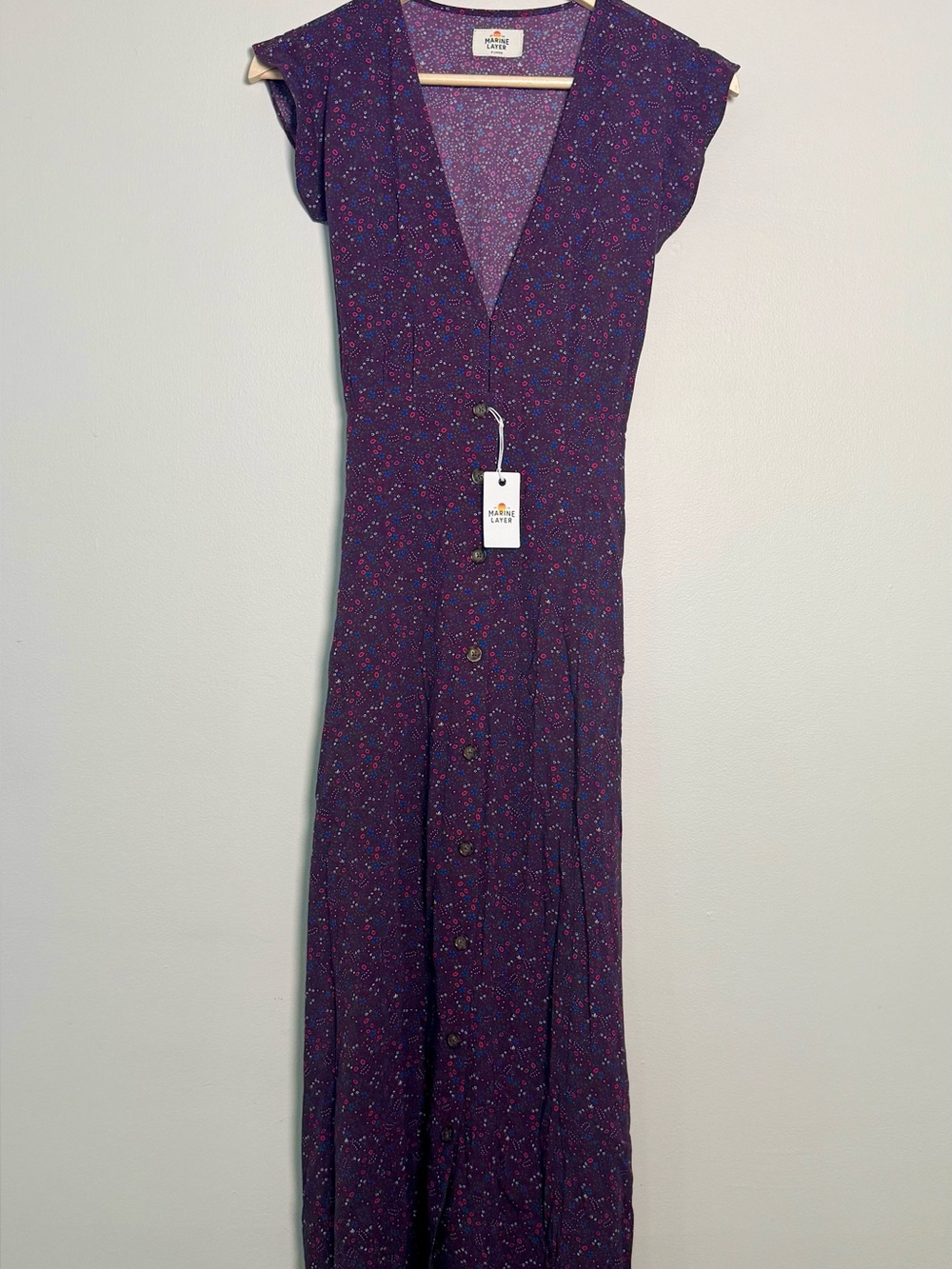 Marine Layer Purple Floral V‑Neck Button Maxi Dress
